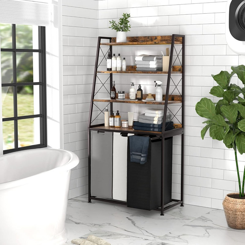 3 Section Laundry Basket With 4 Tier Storage Shelf, Pull Out Removable Laundry Hamper Bags, Large Capacity Laundry Sorter For Laundry Room, Bathroom And Bedroom Organization, Rustic Brown