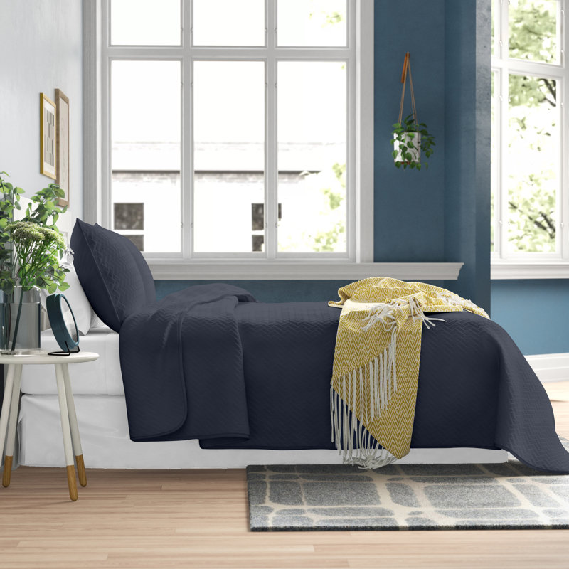 Ensemble de couvre-lit matelassé à chevrons doubles, Couvre-lit grand et 2 taies décoratives, Bleu marine