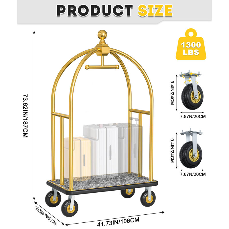 1300 Lbs Hotel Luggage Cart - Brushed Stainless Steel Bellman Trolley