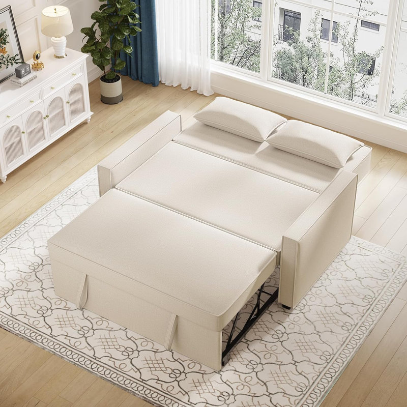 Modern Linen Upholstered Reclining Sleeper Sofa Bed, Beige