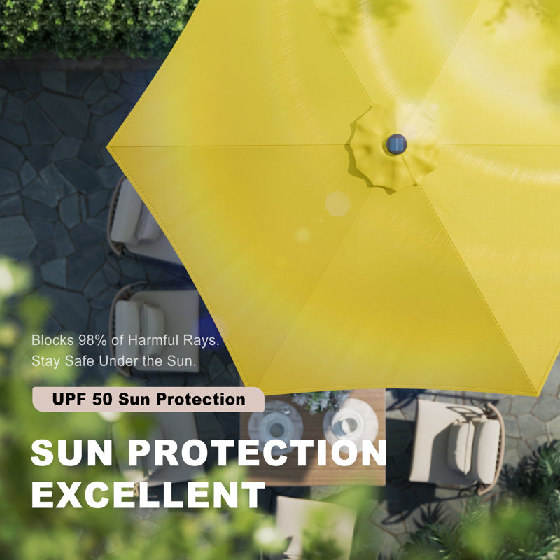 Parasol rond de 7,5 pi à DEL avec protection UV, inclinaison facile et caractéristiques de résistance au vent, Jaune