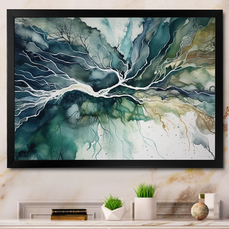«Green Blue Marbré Dreamscape II», art mural géométrique abstrait, Cadre simple noir, H 16 po x l 32 po x P 1 po