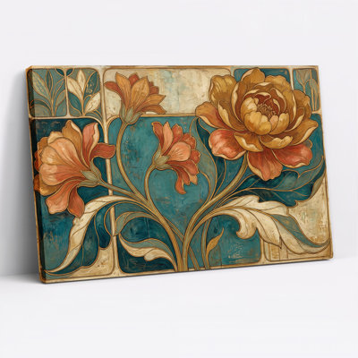 Art Nouveau Floral Design in Rust and Teal Canvas Wall Art