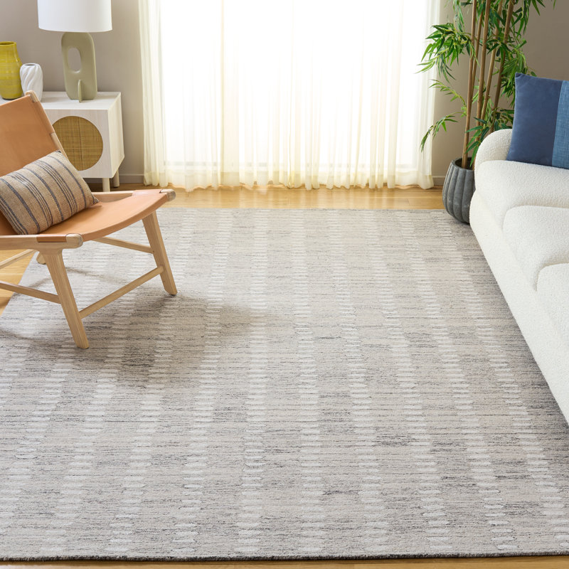 Tapis abstrait argenté / ivoire en laine / chenil / coton touffeté à la main Valirie, Rectangle 6 po x 9 po