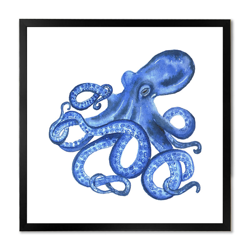 " Cute Blue Octopus II " by Designart, Black Picture Framed Canvas, 16" H x 16" W x 1" D