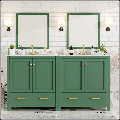 Ensemble de meuble-lavabo avec lavabos doubles (séparés), lavabos doubles en céramique, tablette de rangement et tiroirs séparés (miroir non inclus) - Solution de salle de bain moderne pour salles de bain spacieuses