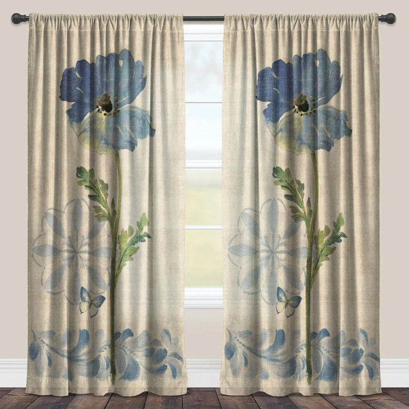  Indigo Watercolor Poppies Sheer Window Panel