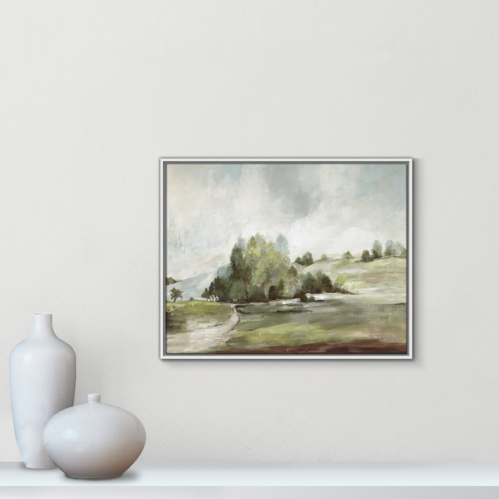 Green Country Road by Allison Pearce - Floater Frame Print on Canvas, 23.5" H x 29.5" W, White