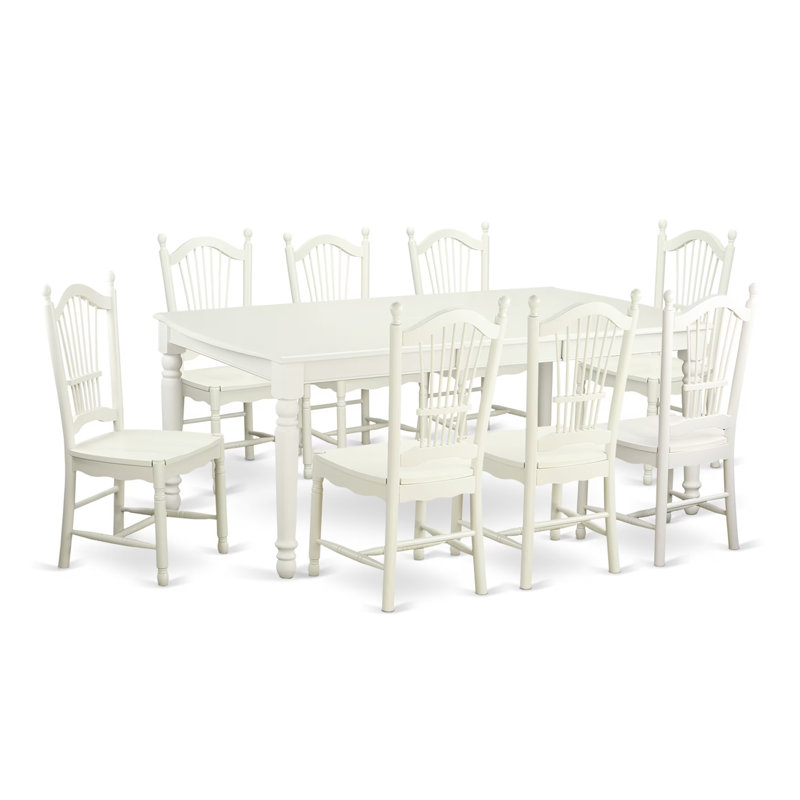 9 Piece Dining Room Furniture Set Includes a Rectangle Wooden Table with Butterfly Leaf and 8 Kitchen Dining Chairs, 42x78 Inch, Linen White
