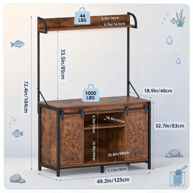 Support robuste pour aquarium de 55 à 75 gallons avec porte coulissante et prises électriques. Convient également aux terrariums pour reptiles.