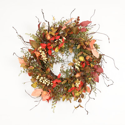 26" Artificial Farmhouse Fall Foliage Berry Twig Thanksgiving Day Front Door Wreath