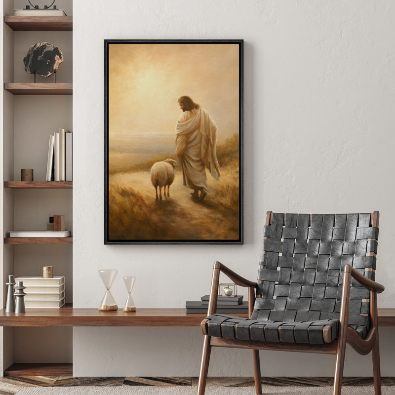 Illustration de Jésus-Christ et l'agneau perdu marchant dans la campagne, Noir, H 24 po x l 16 po