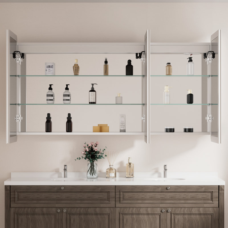 Armoire à pharmacie encastrée / à fixation en saillie à cadre arrondi en aluminium argenté l 54 po x H 32 po avec 3 lumières à intensité variable et tablettes en verre réglables pour le maquillage, le rasage ou le meuble-lavabo de salle de bain Cynethia
