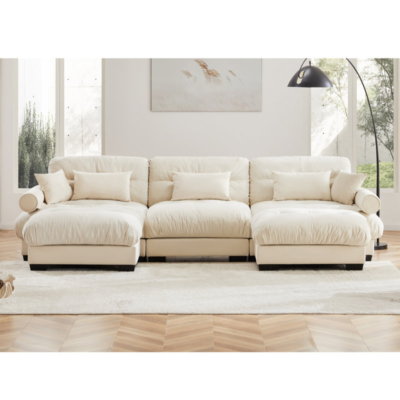 Canapé en velours conforme CAL117, Crème, crème, H 33,4 po x l 130 po x P 37 po