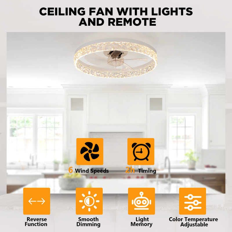 Ventilateur de plafond intérieur encastré avec lumière DEL et télécommande, Blanc