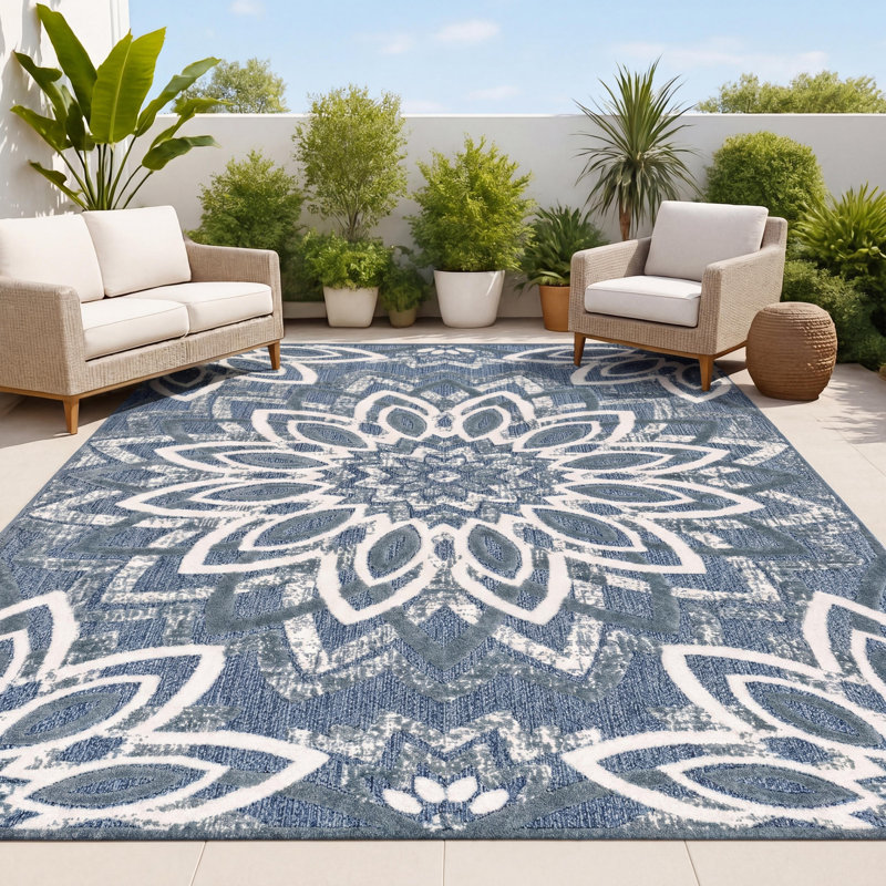 Tapis d'intérieur / extérieur Flora, Rectangle 3 pi x 5 pi, Dark Blue