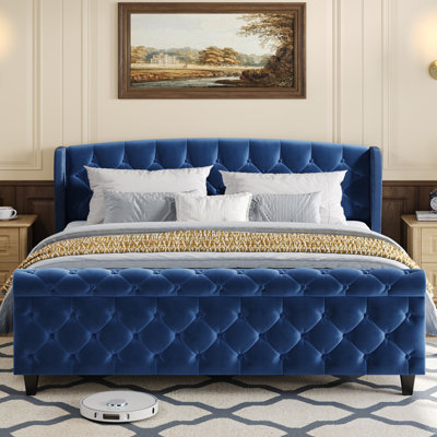 Radia Glam Velvet Upholstered Sleigh Bed With Wingback Headboard & Scroll Footboard