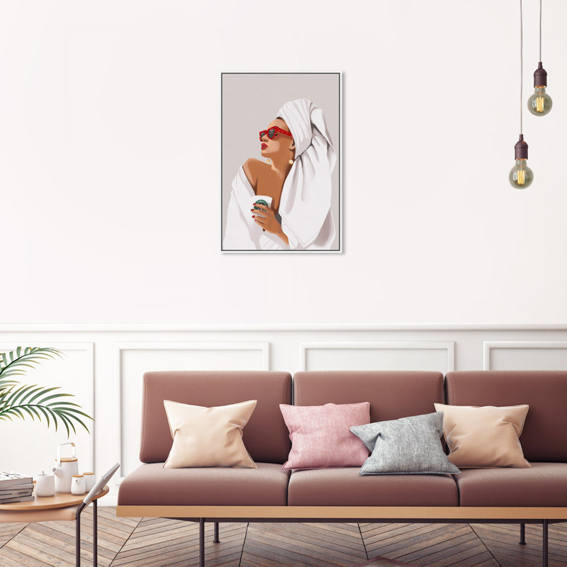 «Her Morning Coffee» - Impression, Toile avec cadre blanc, H 30 po x l 20 po