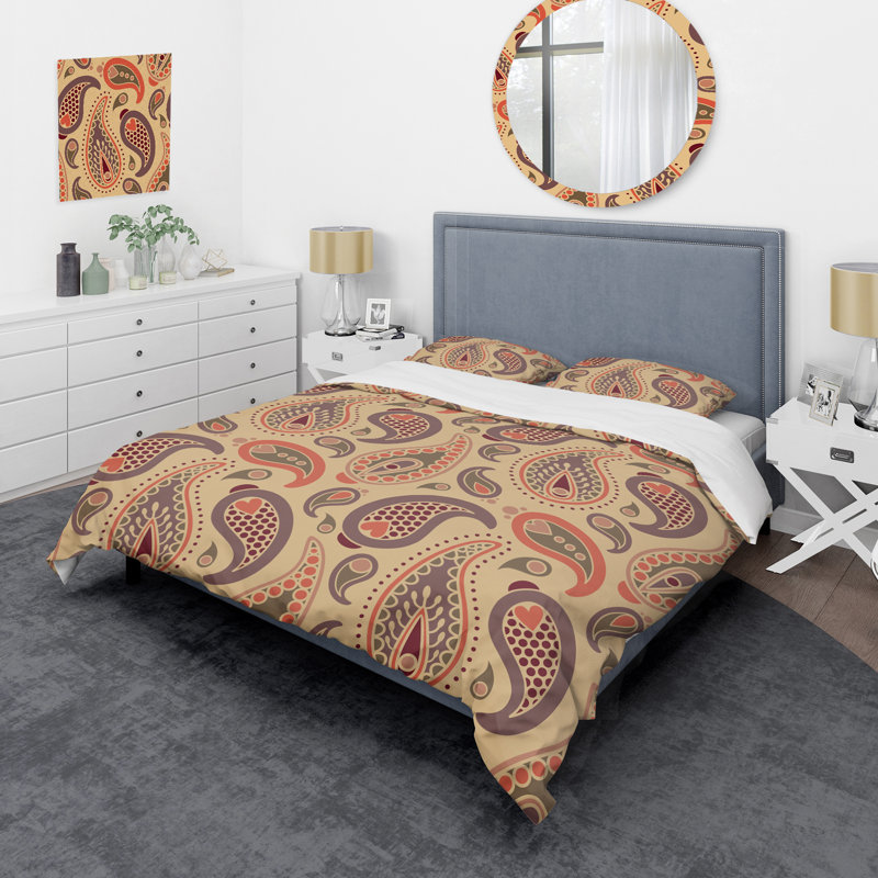 Ensemble de housse de couette à motif floral cachemire brun - Polyester microfibre