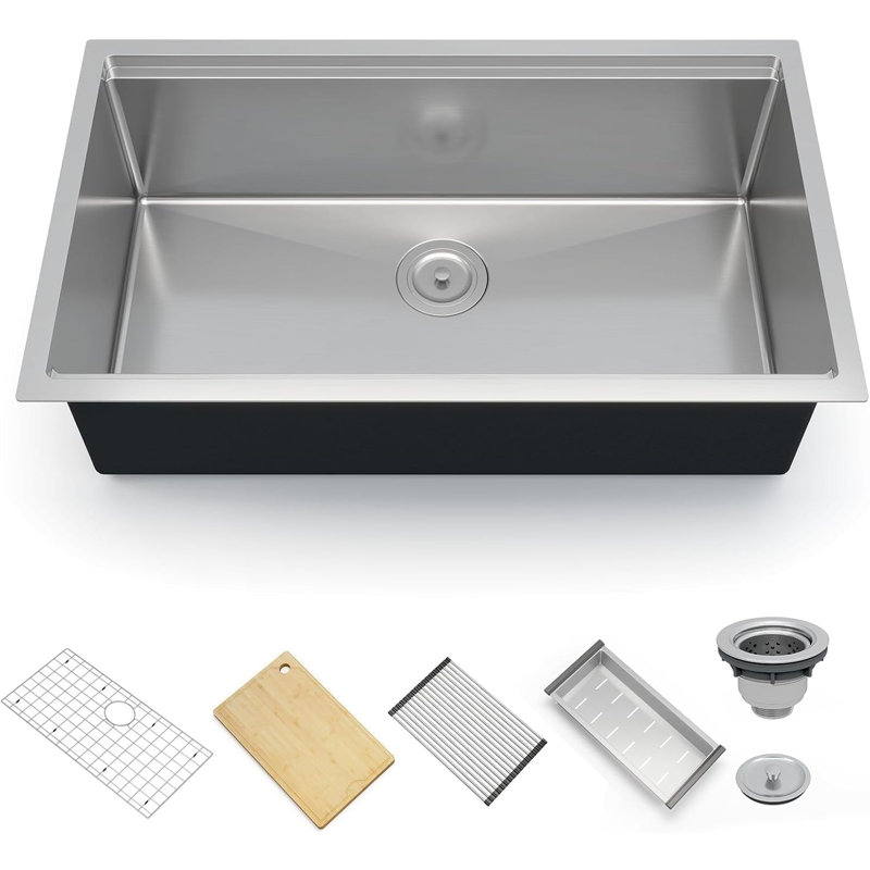 Évier de cuisine encastré, cuve simple en acier inoxydable avec rebord Reveal, paroi de jante épaisse de 2,0 cm, paroi de 1,0 mm, support inférieur brossé et ensemble de drain