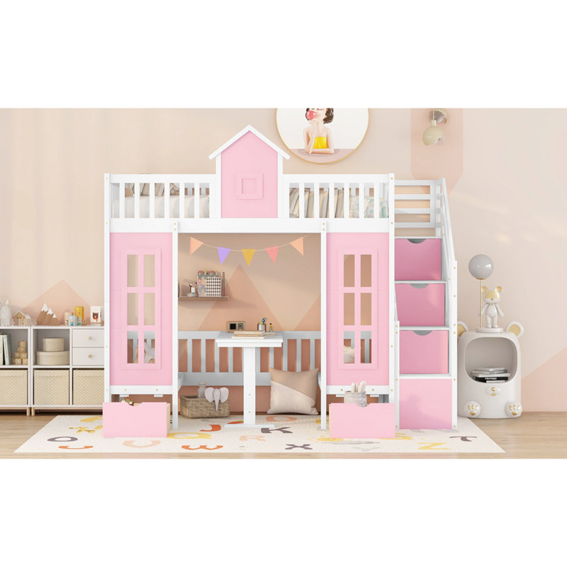 Lit superposé rose Twintwin avec bureau interchangeable, table mezzanine stable et attrayante, adorable