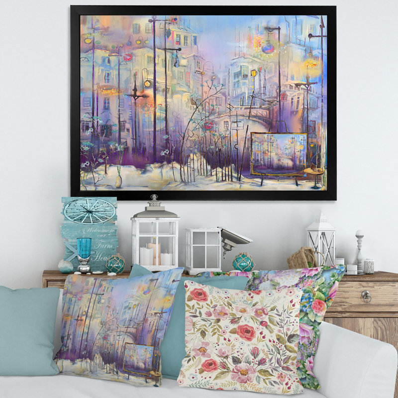 Paysage urbain pastel abstrait - peinture sur toile, H 30 po x l 40 po x 1,5 po, Cadre noir