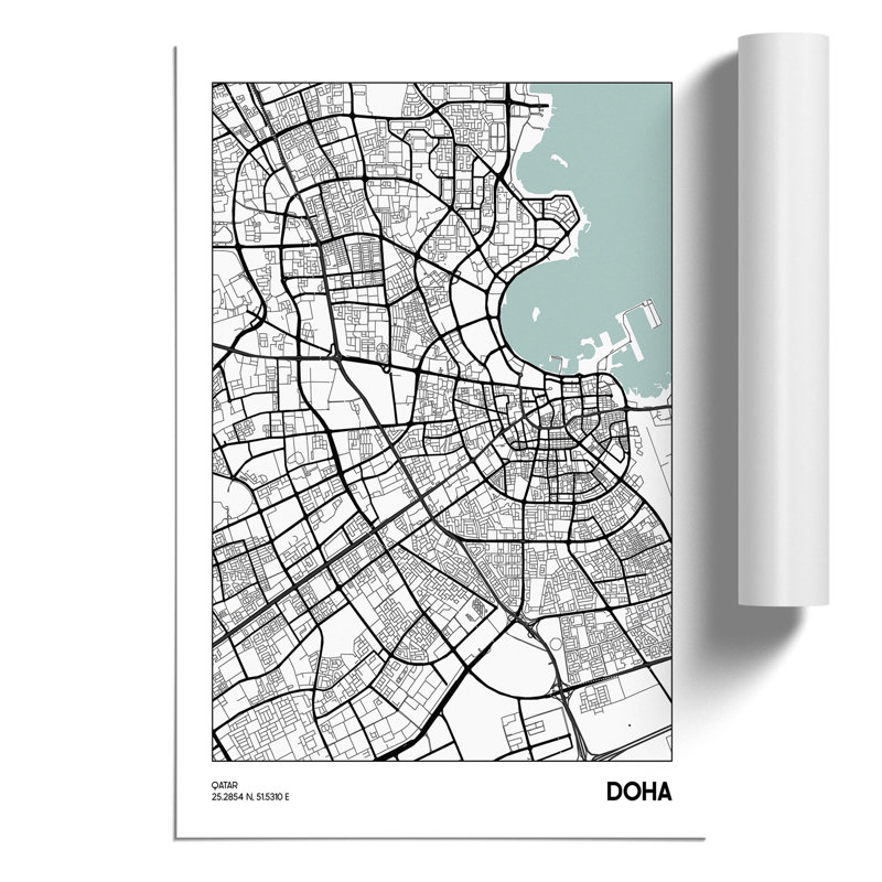Map Doha Qatar - Unframed Graphic Art, 42cm H x 30cm W x 0.1cm D
