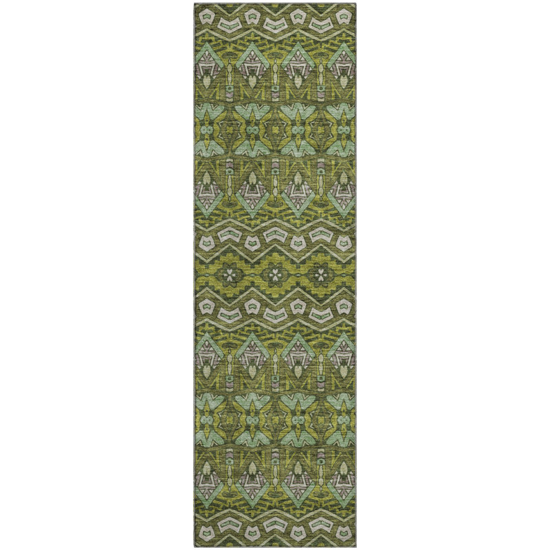 Tapis olive Prisco lavable à la machine de qualité supérieure, Tapis de couloir 2 pi 3 po x 7 pi 6 po