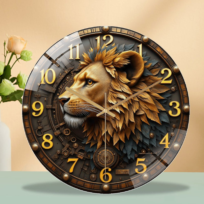 Lion Wall Clock Decor Art - 12'' Modern Glass Wall Clock