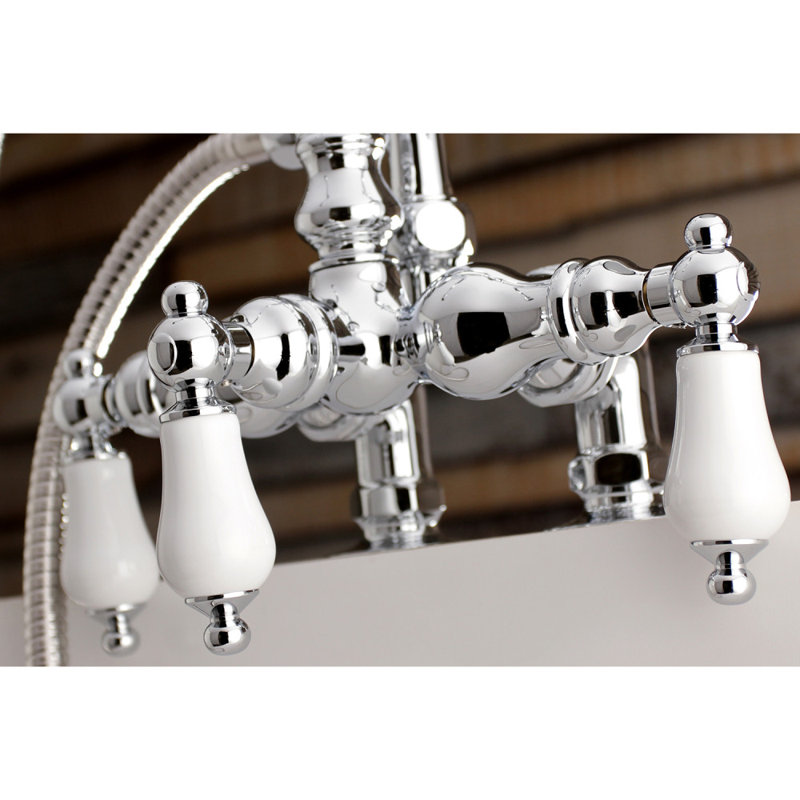 Kingston Brass Aqua Vintage Three-Handle 2-Hole Deck Mount Clawfoot Tub Faucet with Hand Shower, Polished Chrome
