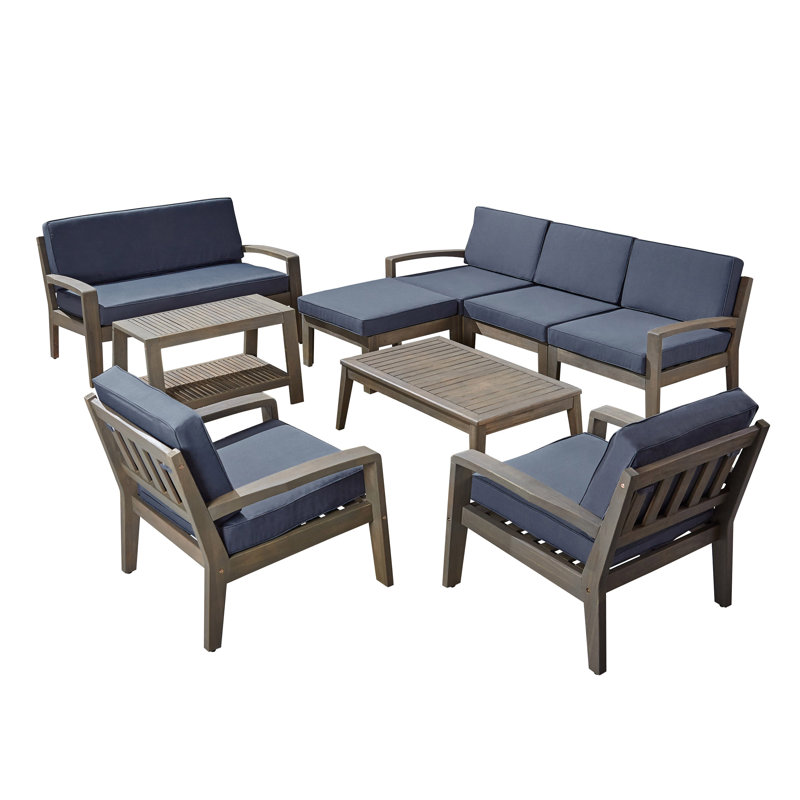 Sait Acacia 7 - Person Patio Conversation Set with Cushions, Dark Gray Frame/Gray Cushion