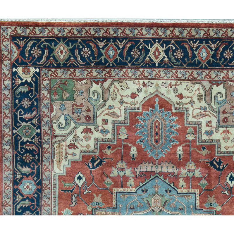 Hand-Knotted High-Quality Rust and Blue Area Rug