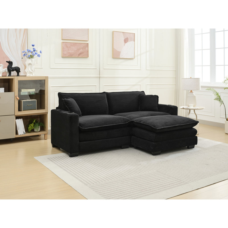 Velours côtelé noir avec rangement et 2 housse en forme de L en forme de L et porte-gobelet pour les loisirs, Black