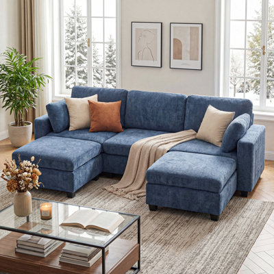 Canapé modulaire moderne en U réversible de 106 po de largeur avec 2 repose-pieds, port de charge, coussins d'accoudoir, poches latérales