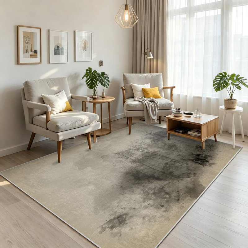 Orange Watercolour Painting Dramatic Foggy Forest Landscape Spring Autumn Machine Washable Indoor Area Rug