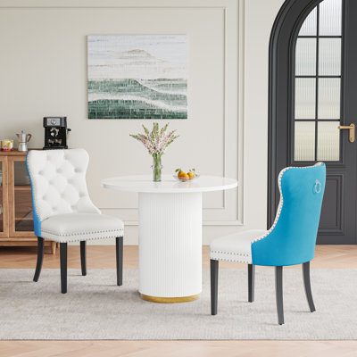 3-Piece Round Dining Table Set With Velvet Wingback Chairs – Pedestal Base, Seats 2, Small Space Dining