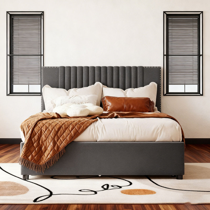 Lit plateforme tapissier avec 2 tiroirs et 1 lit gigogne simple, tête de lit classique, Complète, gris