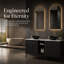 Meuble-lavabo double autoportant de 60 po avec motif de pierre noire, comptoir blanc Carrara, 2 armoires, tablette ouverte, robinet non inclus