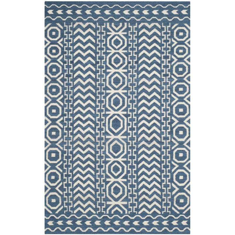 Feliciano Handmade Flatweave Wool Dark Blue/Ivory Rug, Rectangle 122 x 183 cm