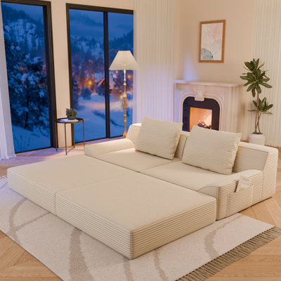 79" Corduroy Sleeper Sofa with 2 Pillows, Boneless Modular Sofa Bed for Living Room