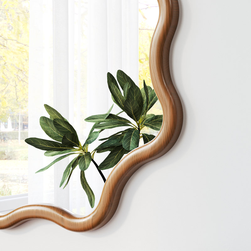Wave and Petal Contour Solid Wood Wall Mirror - Decorative Hanging Mirror for Entrance, Dressing Table, Bedroom and Bathroom