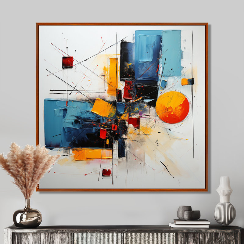 Coucher de soleil orange déconstruit - décoration murale abstraite, Toile avec cadre flottant brun