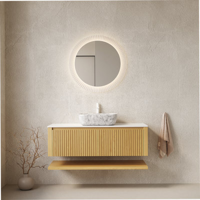 Ensemble de meuble-lavabo fonctionnel avec tiroirs et tablette ouverte, idéal pour les espaces de salle de bain organisés et élégants.