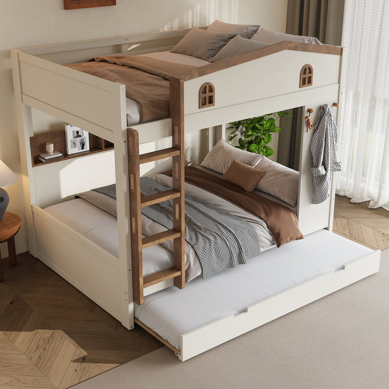Lit superposé rustique en bois massif, Queen over Queen, Beige&Natural, With Trundle