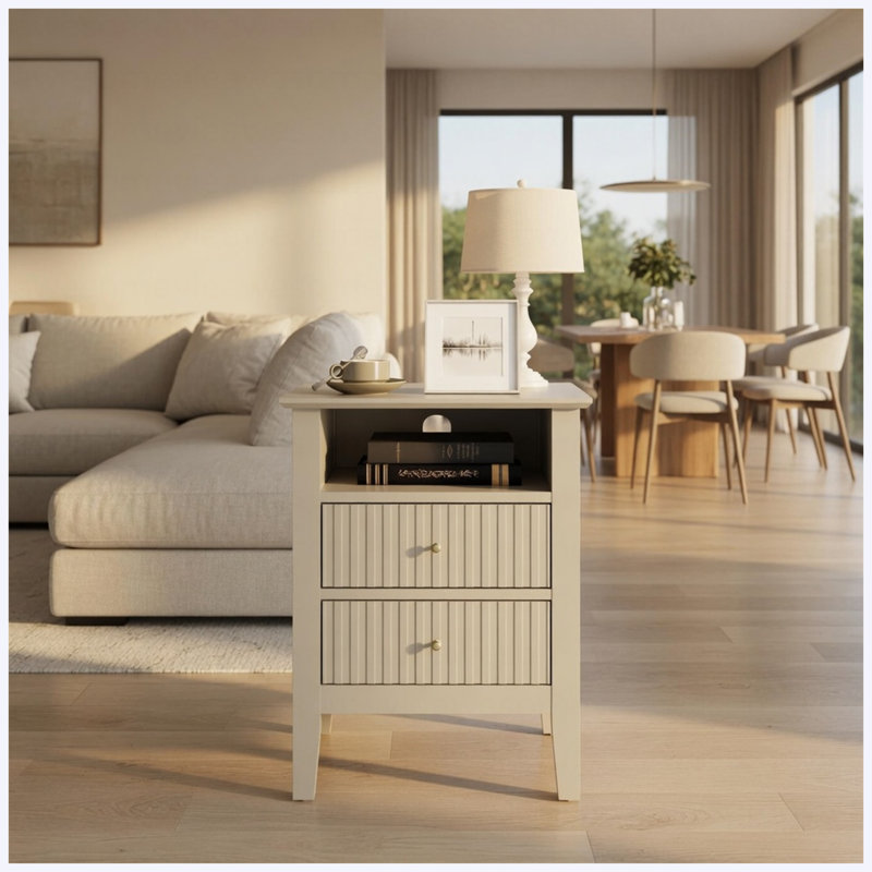 Table de chevet cannelée 18 po à 2 tiroirs, table de chevet moderne pour chambre à coucher 18 po, canapé et table de bout avec rangement