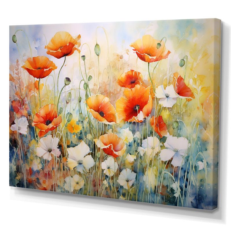 Fleurs de coquelicots en fleurs rouges et blanches dans les prés - Décoration murale coquelicots, Toile tendue