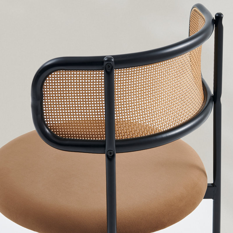 Rattan Dining Chairs, Farmhouse Metal Dining Room Chairs With Upholstered Cushion, Mid-Century Modern Cane Chairs Set With Curved Backrest For Kitchen Restaurant, Brown