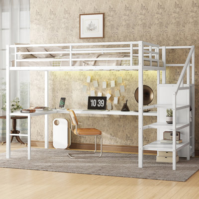 Lit mezzanine double avec bureau en L et port USB, lit mezzanine en métal avec garde-robe et tablette réglable, lit mezzanine haut avec DEL pour enfants, adolescents, adultes