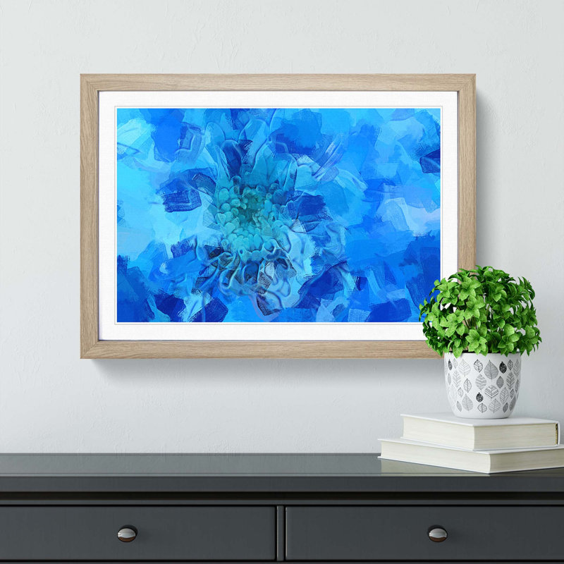 Blue Dahlia Flower in Abstract - Picture Frame Graphic Art Print, Oak Framed, 36cm H x 48cm W x 2cm D