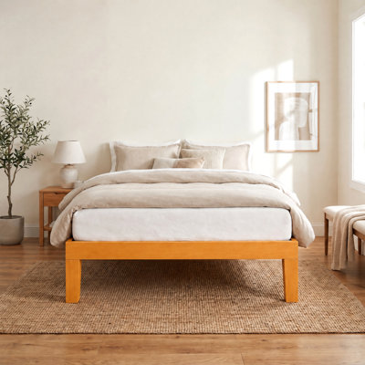 Structure de lit simple en bois massif naturel avec rangement sous le lit, aucun sommier nécessaire